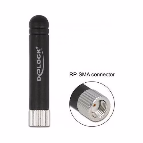Delock Anténa WLAN 802.11 b/g/n RP-SMA, zástrčková, 1,7 - 3,7 dBi, všesměrová, pevná, s ohebným materiálem, černá