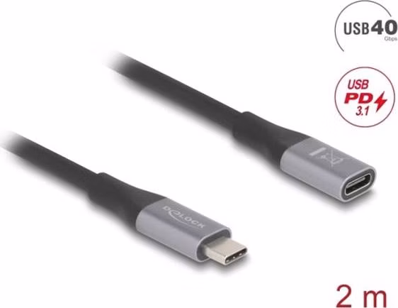 Delock Prodlužovací kabel USB 40 Gbps USB Type-C™ zástrčky na zásuvku PD 3.1 240 W 2 m šedá kovová