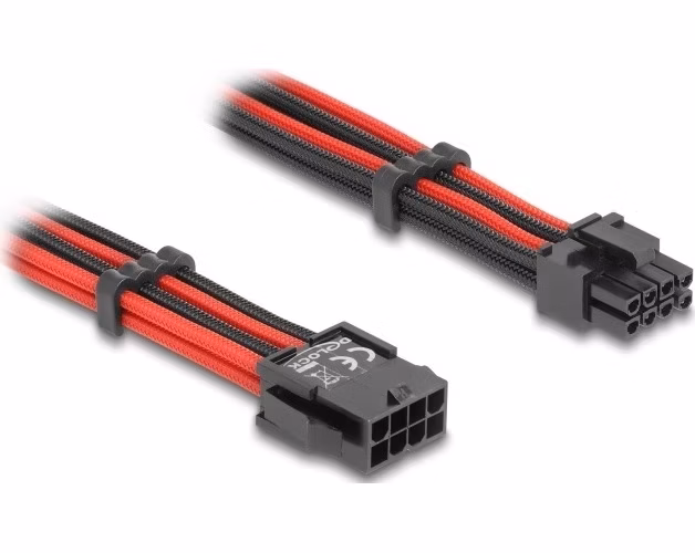 Delock Prodlužovací kabel z 8-pinové zástrčky na 6 + 2-pinovou zásuvku PCIe, s textilním opletením, červenočerný, 30 cm