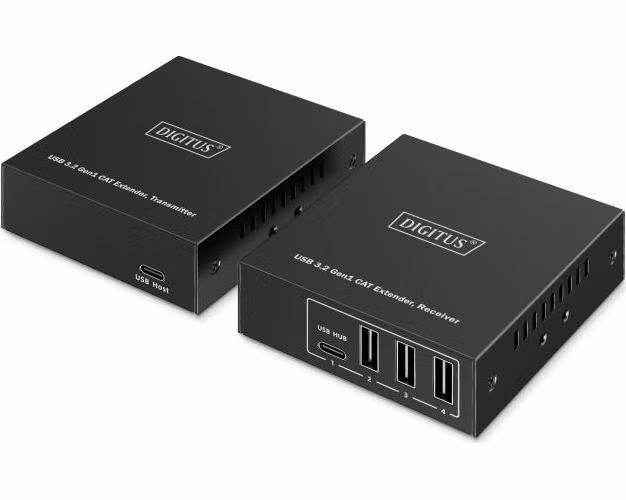 DIGITUS USB 3.2 Gen1 CAT Extender, 5 Gbps, 4 porty: 3x USB-A / 1x USB-C, 100m