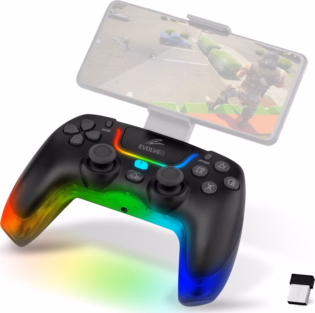 EVOLVEO Ptero2, bezdrátový &amp; drátový gamepad pro PC, PS3/4/5, iOS, Android, Switch, černý