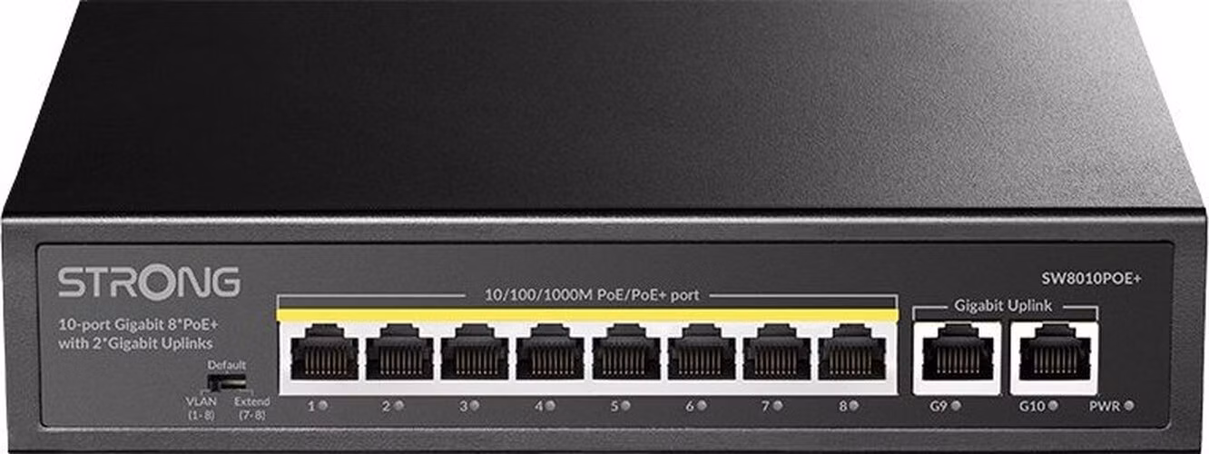 STRONG switch SW8010POE+/ 8x port Gigabit POE+/ 2x Ggabit Uplink port/ IEEE802.3af/at/ kovové šasi/ černý