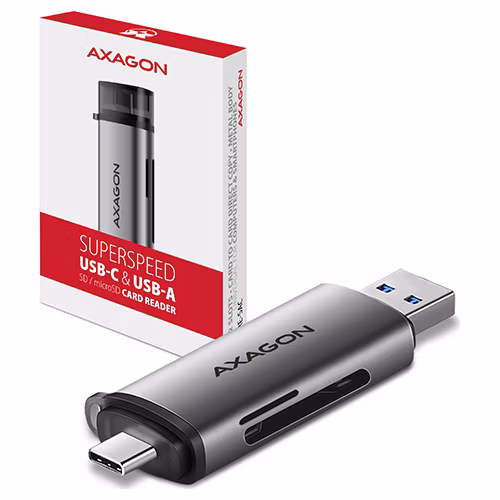 AXAGON CRE-SAC, USB3.2 Gen 1 Type-C + Type-A externá čítačka kariet SD/microSD, podpora UHS-I