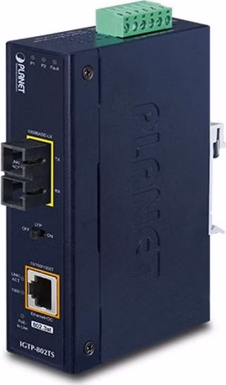 Planet IGTP-802TS konvertor RJ45/SC, 1Gbps, PoE injektor 802.3at, -40 až 75 st.C, IP30, SM s SC, 12-48VDC