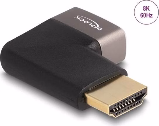Delock Adaptér HDMI, ze zástrčky na zásuvku, 90° zahnutá doprava 8K 60 Hz, šedá kovová