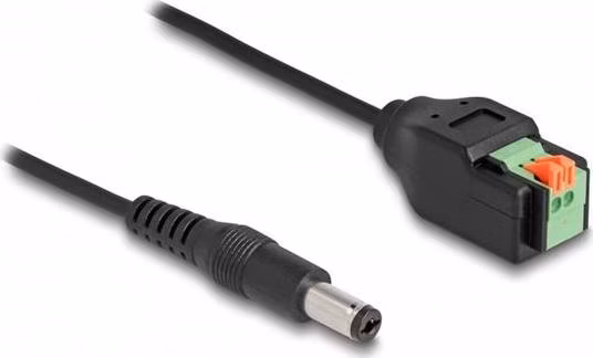 Delock Stejnosměrný kabel, 2,1 x 5,5 mm, ze zástrčky na svorkovnicový adaptér s tlačítkem, 15 cm