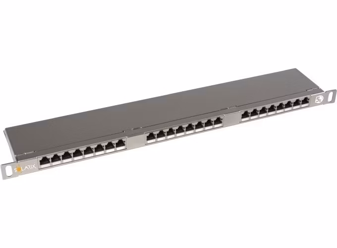 Solarix Patch panel 24xRJ45 CAT5E STP s vyvazovací lištou nerez 0,5U SX24HD-5E-STP-SL