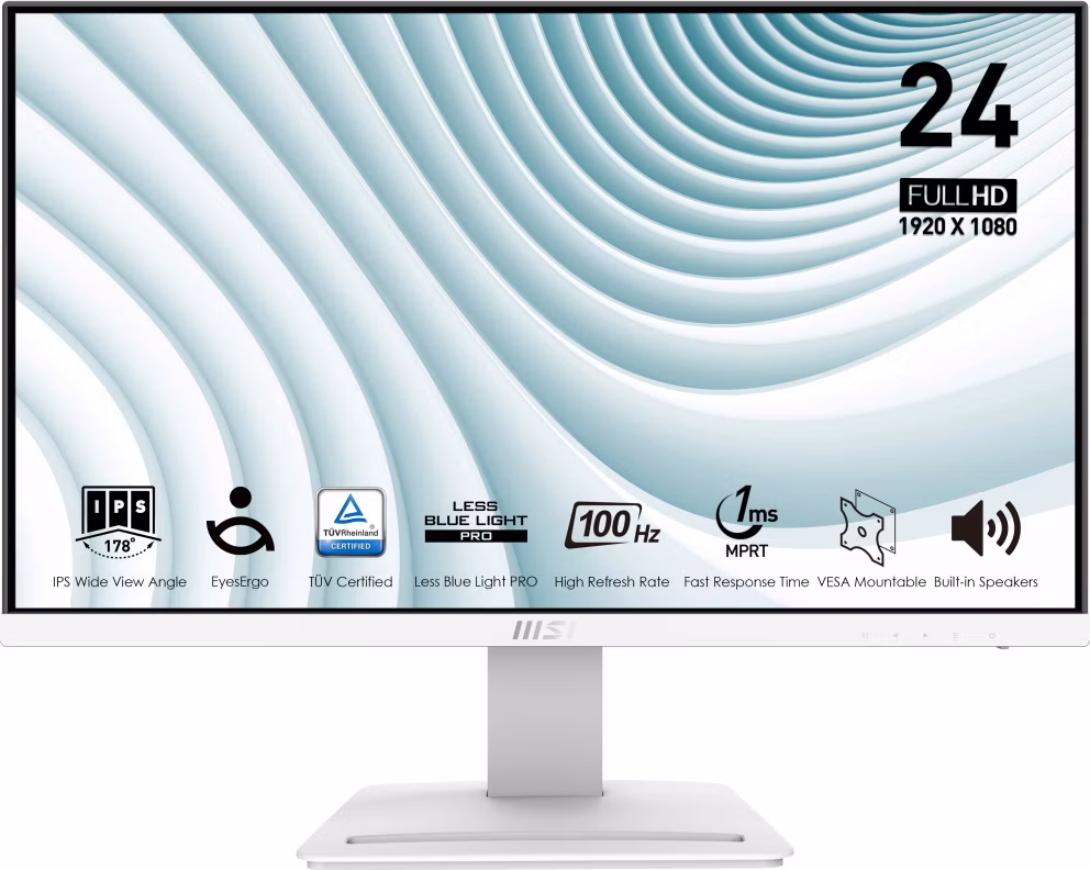 MSI PRO MP243XW/ 24"/ 1920x1080/ IPS/ 4ms/ 100Hz/ 300cd/m2/ 1000:1/ HDMI/ DP/ VESA/ bílý