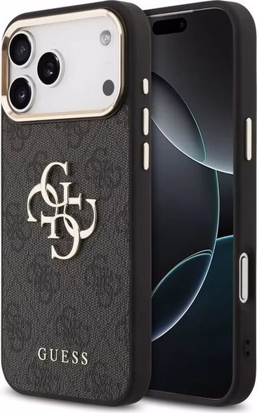 Guess PU Leather 4G Metal Logo Gold Frame kryt iPhone 17 Pro Max čierny