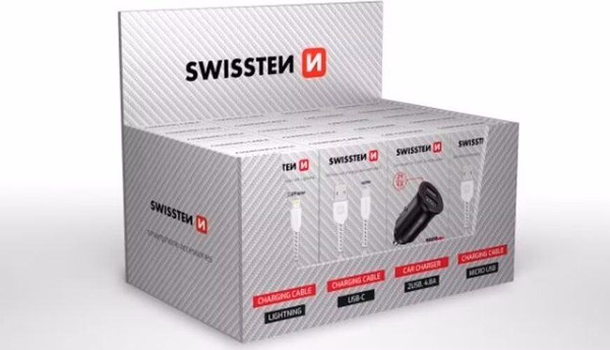 SWISSTEN SET SAMOPRODAVAČ (5x kabel MicroUSB, 5x USB-C, 5x lightning, 5x CL 2USB 4,8A)