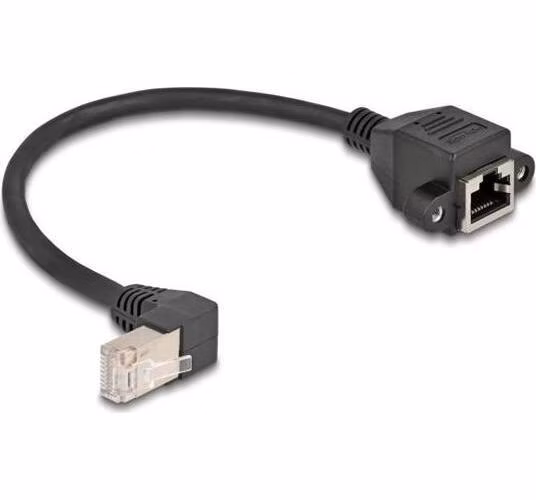 Delock Síťový prodlužovací kabel ze zástrčky S/FTP RJ45, pravoúhlý (90°), na integrovanou zásuvku RJ45, Cat.6A, 0,25 m,