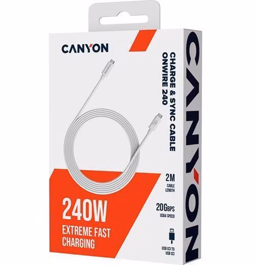 Canyon OnWire 240, 2 m, nabíjací a dátový kábel USB-C / USB-C, USB4, 240 W PD, 20 Gb/s, TPE, biely