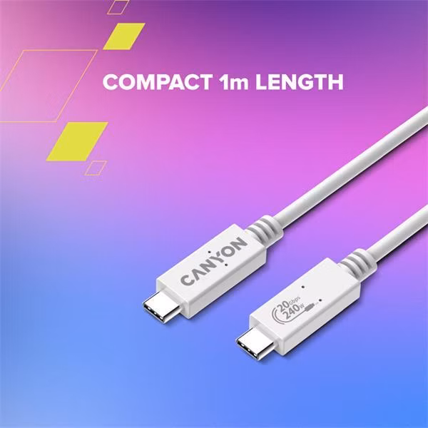 Canyon OnWire 240, 1 m, nabíjací a dátový kábel USB-C / USB-C, USB4, 240 W PD, 20 Gb/s, TPE, biely