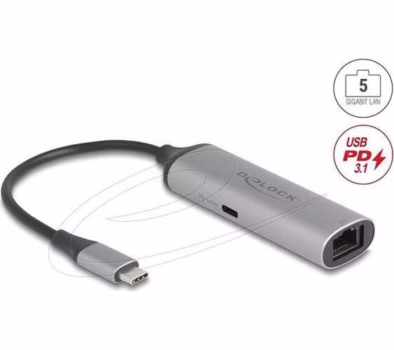 Delock Síťový adaptér USB Type-C, 5 Gigabit LAN, 1 x RJ45 s Power Delivery, PD 3.1, 140 W