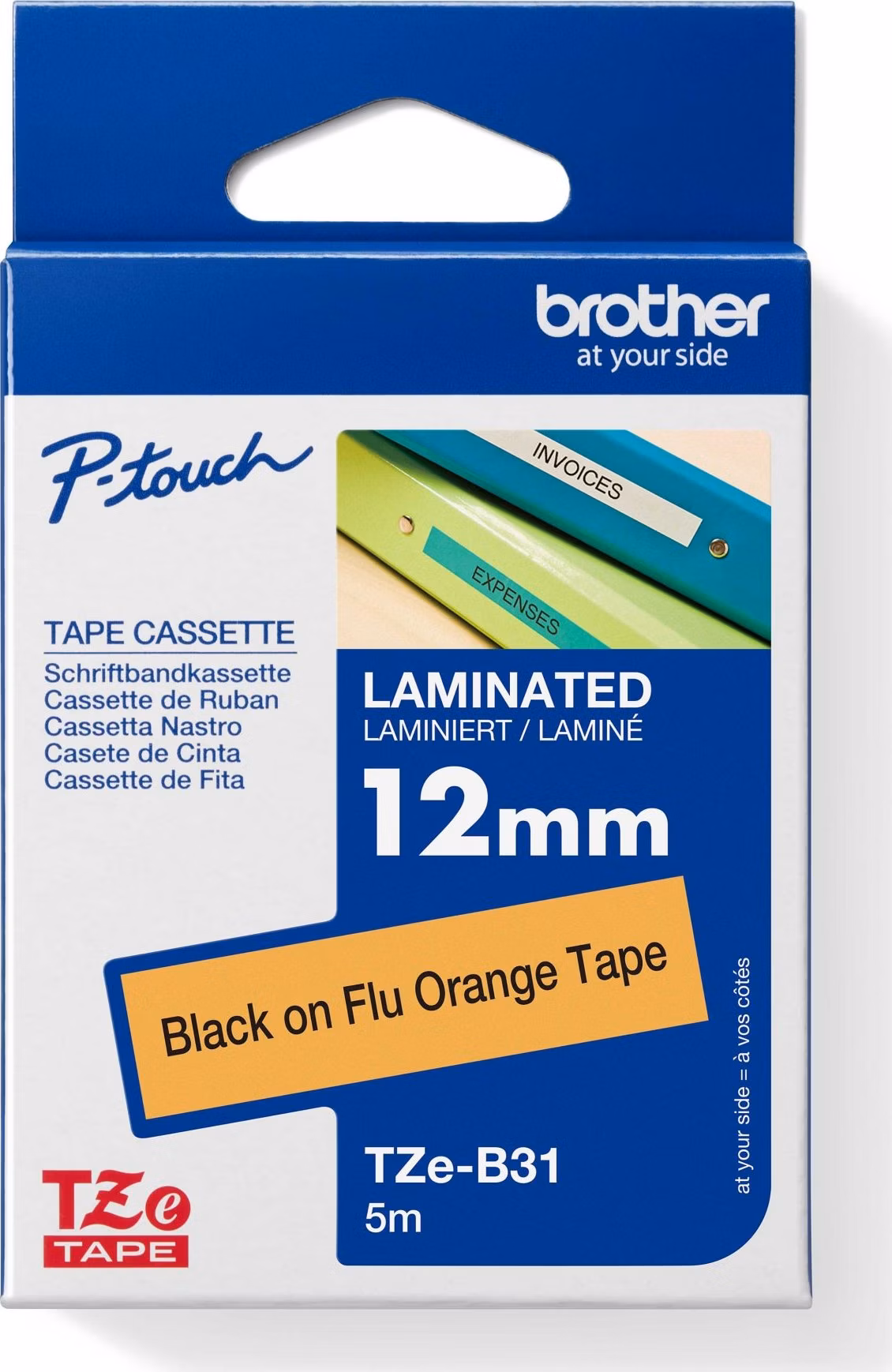 BROTHER TZEB31 - 12 mm široká kazeta TZ, laminovaná TZE-B31, signálne oranžové/čierne písmo