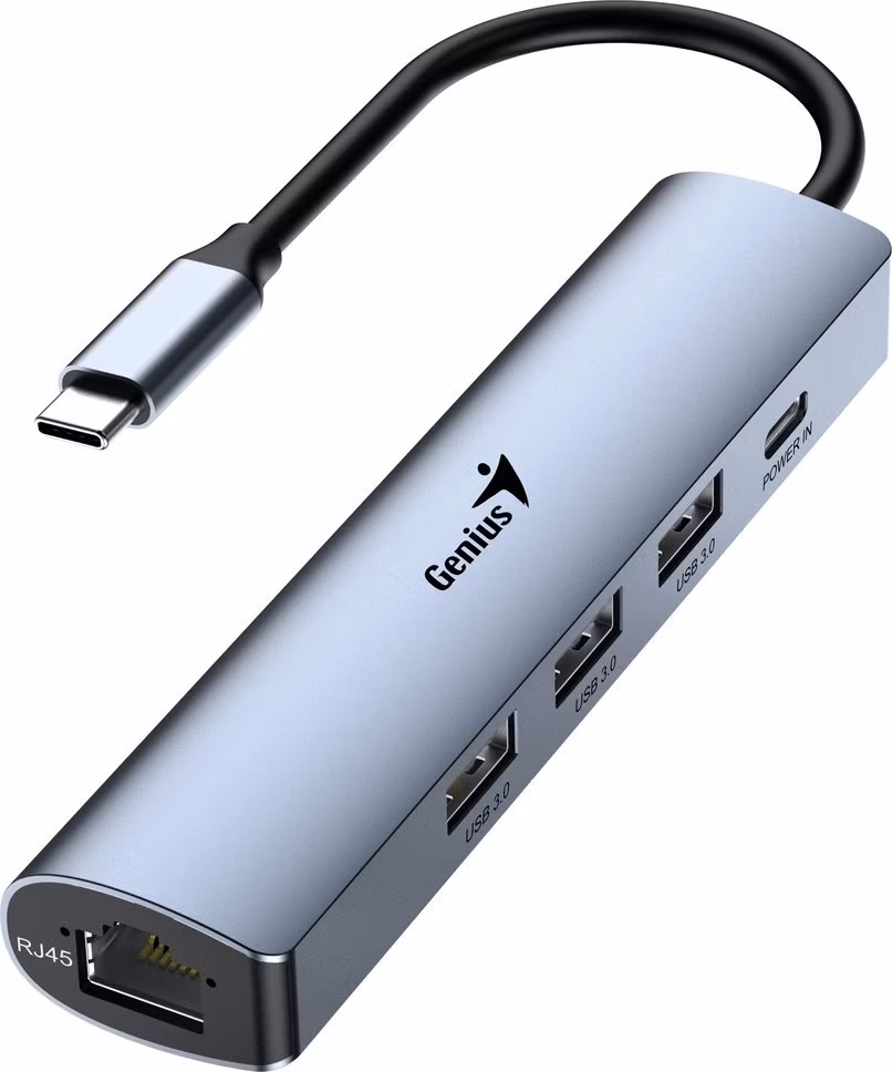 Genius UH-545 USB Hub, externí, USB-C na 3× USB 3.0, 1× USB-C, RJ-45 Gigabit Ethernet, 15cm, šedý