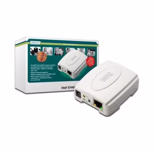 Digitus Tiskový server USB, 1 port, 1x RJ45, 1x USB A, USB 2.0 Pro všechny běžné O/STiskový server USB, 1 port, 1x RJ45, 1x USB A,