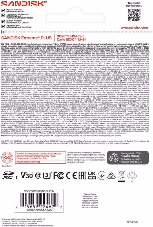 SanDisk SDXC karta 64GB Extreme PLUS (R170/W80 MB/s Class 10, UHS-I U3 V30)