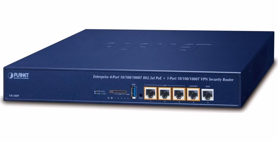 Planet VR-300P Enterprise router/firewall VPN/VLAN/QoS/HA/AP kontroler, 2xWAN(SD-WAN), 3xLAN, 4xPOE 120W