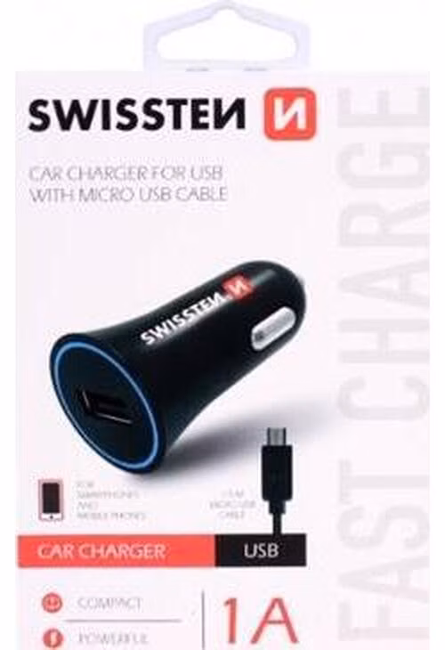 SWISSTEN CAR CHARGER WITH USB 1A POWER + CABLE MICRO USB