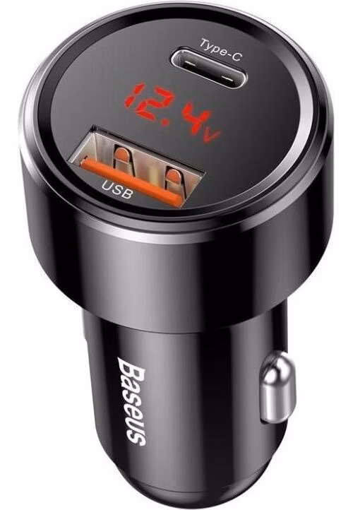 Baseus nabíjačka do auta Magic USB-C PD, USB-A 45W s displejom čierna