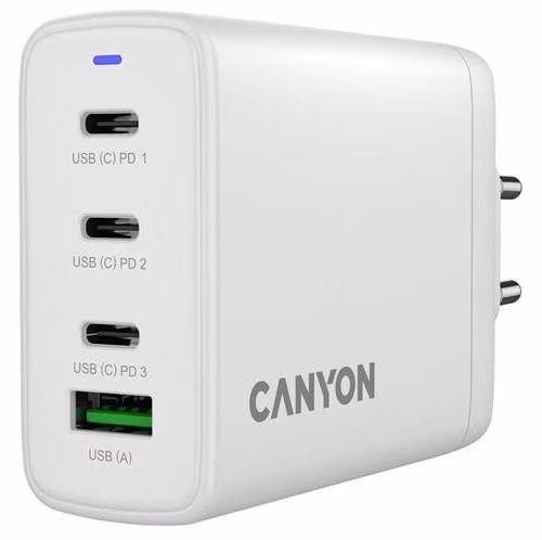 Canyon OnCharge 120ACC, vysokorýchlostná univerzálna nabíjačka do steny, 120W, 3x USB-C , 1x USB-A, biela