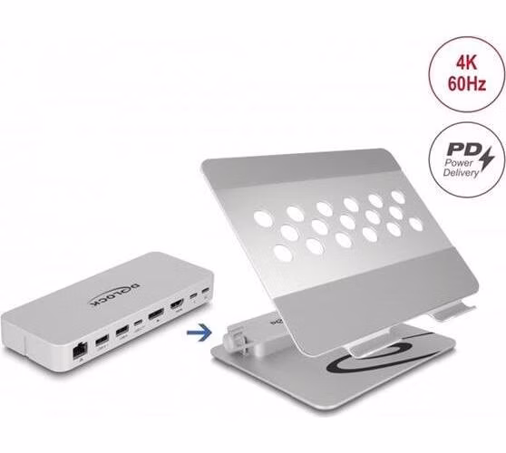 Delock Držák tabletů a laptopů s integrovanou dokovací stanicí 4K - HDMI / DisplayPort / LAN / Hub / HDR / PD