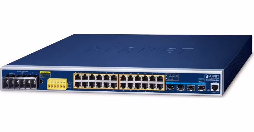 Planet IGS-6325-24UP4X průmyslový L3 switch, 24x1Gb, 4x10Gb SFP+, 24x PoE 802.3bt 720W, -40~75°C, dual 48-54VDC, IP30