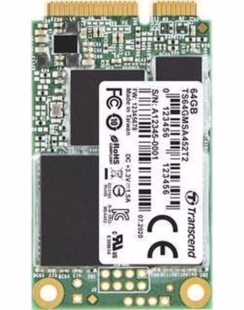 TRANSCEND MSA452T2 64GB Industrial 3K P/E SSD disk mSATA, SATA III 6Gb/s (3D TLC), 400MB/s R, 200MB/s W
