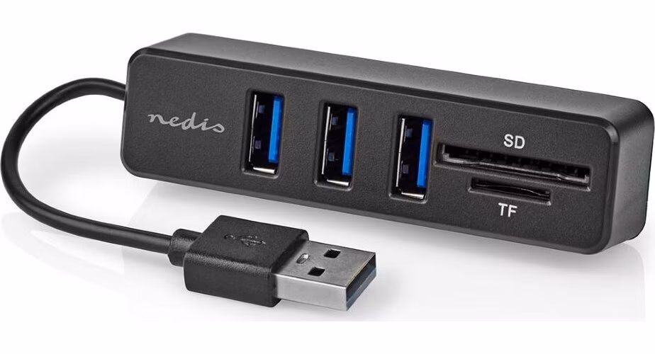 Nedis CCGB60250BK01 - USB hub | 1x USB-A | 3x USB A Zásuvka | 5 Portů port(s) | USB 2.0 | Napájení z USB | SD &amp; MicroSD