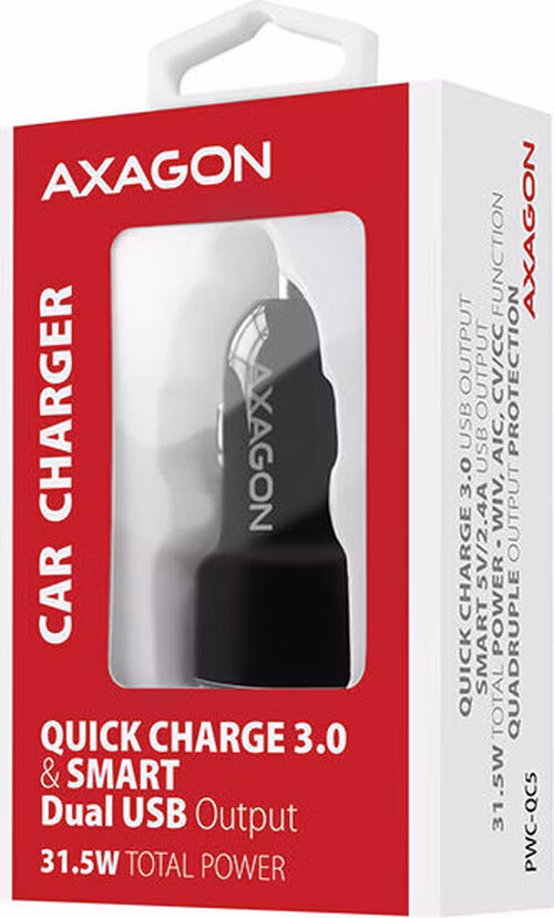 AXAGON PWC-QC5, QUICK a SMART nabíječka do auta, 2x port QC3.0/AFC/FCP + 5V-2.6A, 31.5W