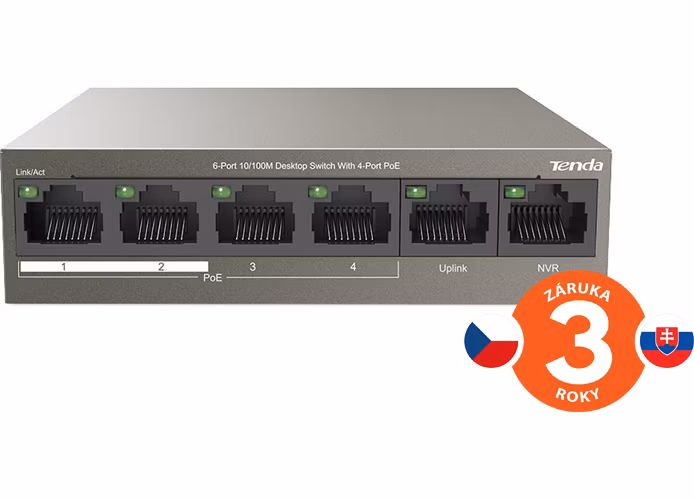 Tenda TEF1106P-4-63W PoE AT switch 4x PoE 802.3af/at, 6x 100Mb/s, PoE celkom 63W, fanless, PoE+