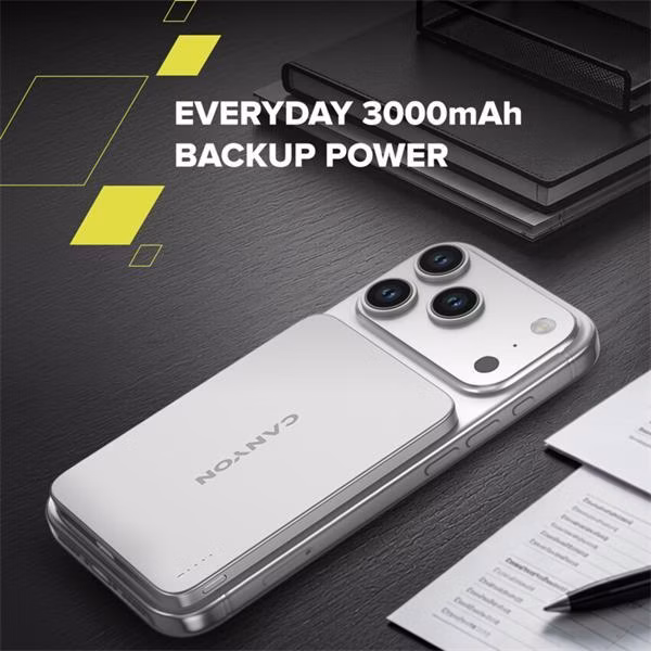 Canyon OnCharge 503, Powerbank, 3 000 mAh, in: USB-C 10W, out: USB-C 10W + Wireless 7.5W, ultratenká, hliníková, šedá