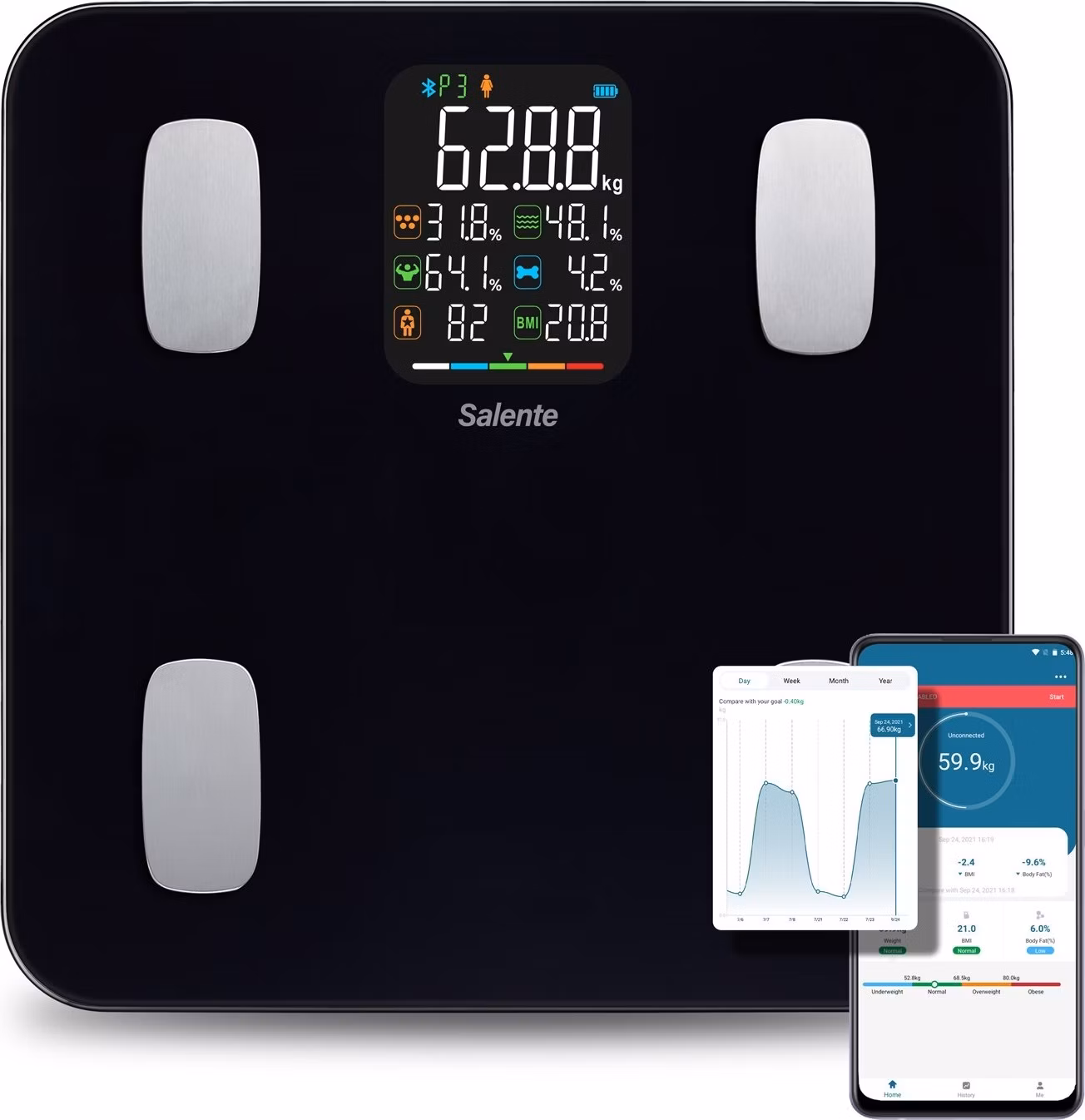 Salente MaxFit, chytrá osobní diagnostická fitness váha, Bluetooth, černá