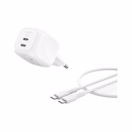 Belkin BOOST CHARGE™ PRO Duální 50W USB-C Power Delivery GaN PPS nástěnná nabíječka + 1m USB-C/USB-C kabel, bílá