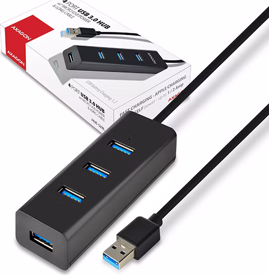 AXAGON HUE-S2BL, 4x USB 3.0 CHARGING hub, micro USB nap. konektor, kábel USB-A 1.2m