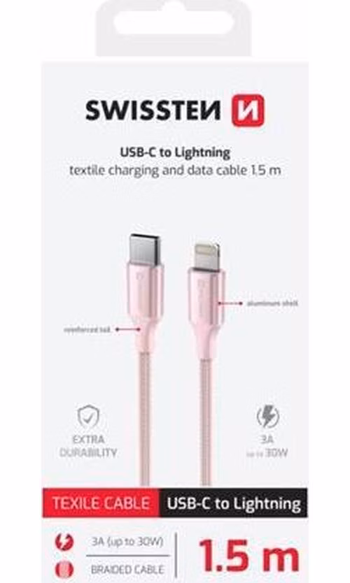 SWISSTEN DATOVÝ KABEL TEXTILE II USB-C / LIGHTNING 1,5 M RŮŽOVÝ