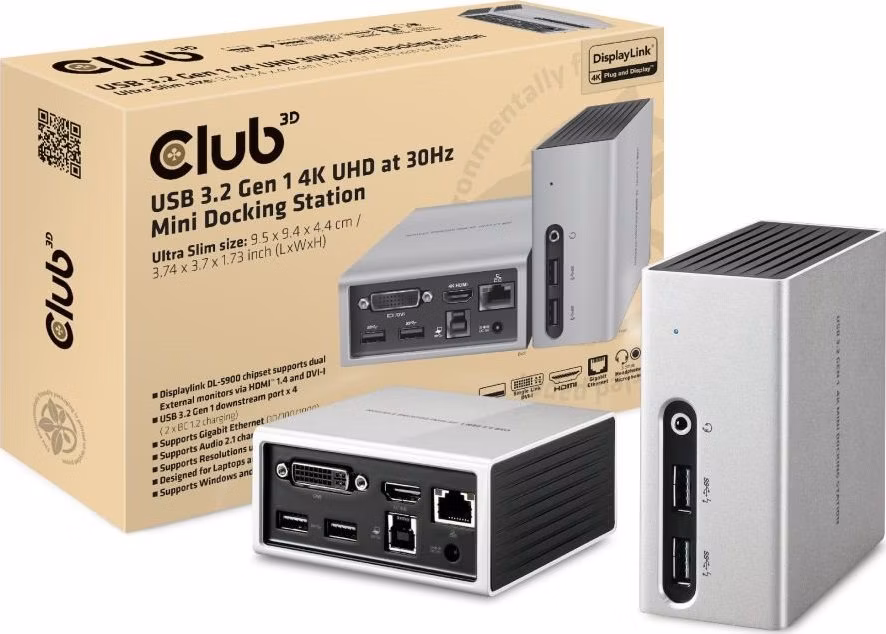 Club3D Mini dokovací stanice USB 3.2 4K30Hz UHD (HDMI/DVI/4x USB 3.1/Ethernet/Audio) DisplayLink® Certified