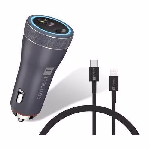 CONNECT IT InCarz DUPLEX nabíječka do auta, 2x USB-C, 1x Lightning, ANTRACITOVÁ