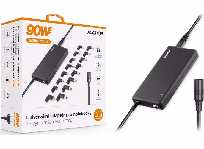 Univerzálny adaptér pre notebooky so 16 výmennými konektormi a USB, 90W