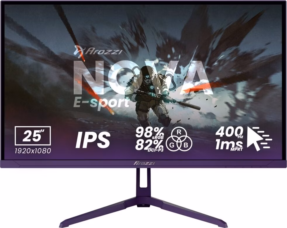 AROZZI NOVA herní monitor 24,5" 25T1K400 Purple/ LED/ IPS/ 1920x1080/ 400Hz/ 1000:1/ 1ms/ 2xHDMI/ 2xDP/ fialový