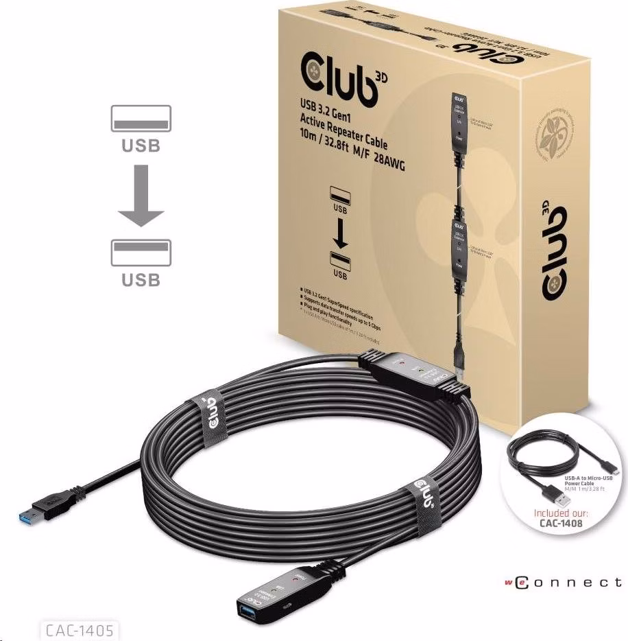 Kábel USB Club3D 3.2 Kábel aktívneho opakovača Gen1 M/F 28AWG, 10 m