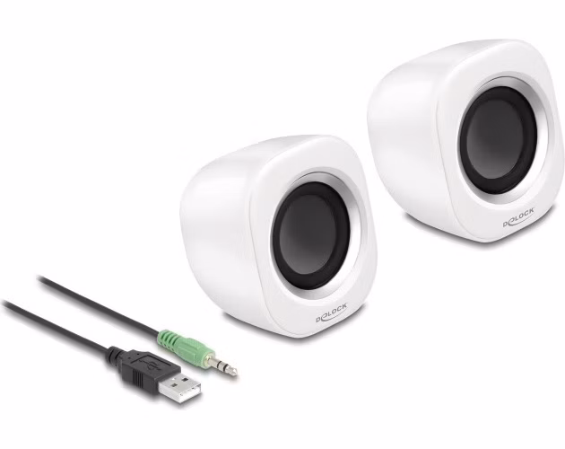 Delock Miniaturní stereofonní počítačový reproduktor se stereofonním zástrčkovým konektorem průměru 3,5 mm a napájením