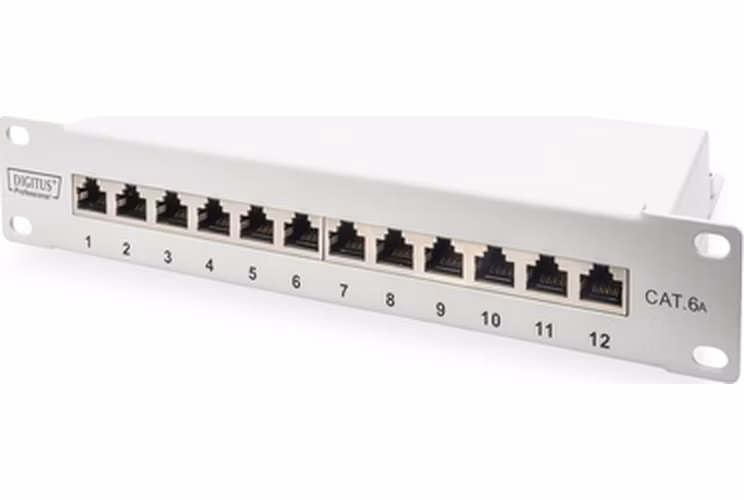DIGITUS CAT 6A Patch Panel, stíněný, 12-portové pole se štítkem, 1U, 10 "montáž do stojanu, šedá RAL 7035
