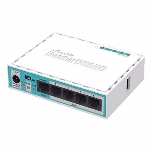 MikroTik RouterBOARD RB750r2, hEX lite, ROS L4, 5xLAN, montážní krabice, napájecí adaptér