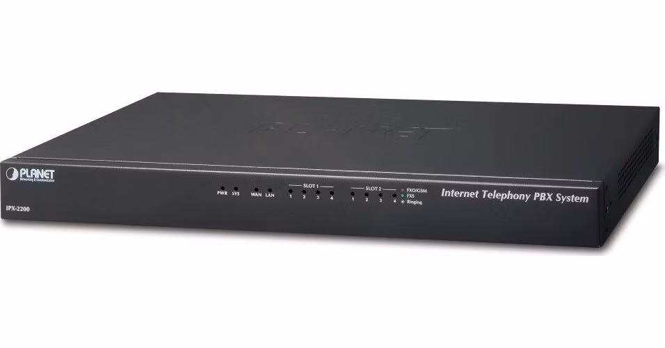 Planet IPX-2200, IP PBX, SIP Proxy, 2x slot pro moduly, IVR, 200/60 uživatelů, DID, BLF, FAX, Skype-SIP, VPN, CZ