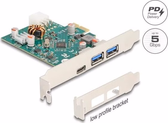 Delock PCI Express x1 karta na 1 x externí zásuvku USB Type-C™, PD, 30 W + 2 x externí zásuvky USB Typ-A, USB 5 Gbps