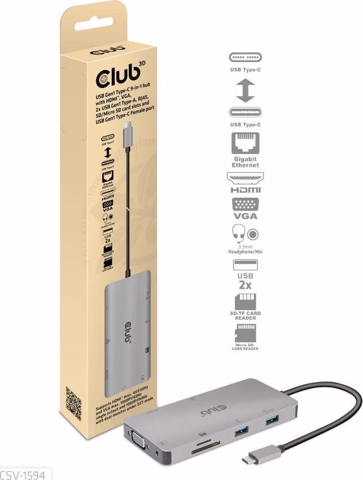 Club3D hub USB-C, rozbočovač 9 v 1 s HDMI, VGA, 2x USB Gen1 Type-A, RJ45, 100W PD