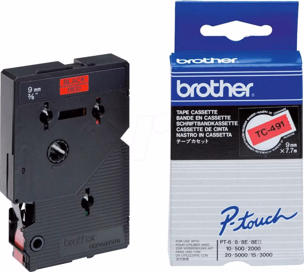 BROTHER laminovaná páska TC-491 / červená-černá / 9mm
