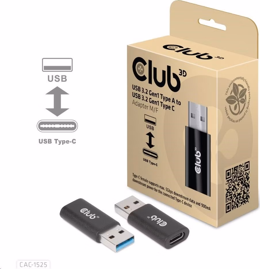 Adaptér Club3D USB 3.2 Gen1 typu A na USB 3.2 Gen1 typ C (M/F), čierna